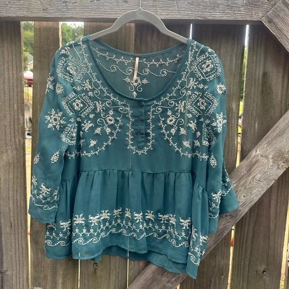 Free People Boho Pennies Sequel Teal Blue Green Embroidered Bell Sleeve Blouse - Picture 2 of 9